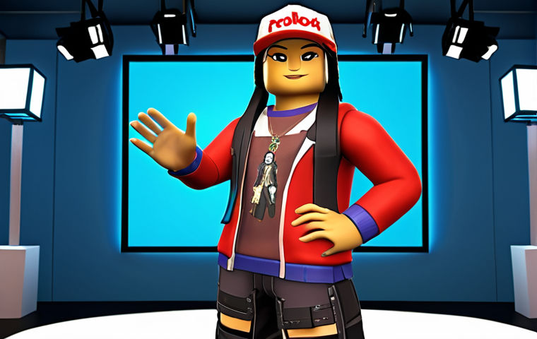 A Roblox avatar wearing a mix of limited-edition event items and regular clothing, posing in front of a screenshot of the avatar shared on social media with event hashtags.